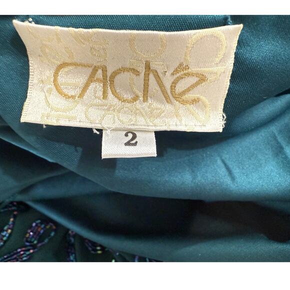 Vintage Cache Slip Dress sz 2 Teal Beaded Silk Cocktail Asymmetrical Whimsigoth - Picture 6 of 8